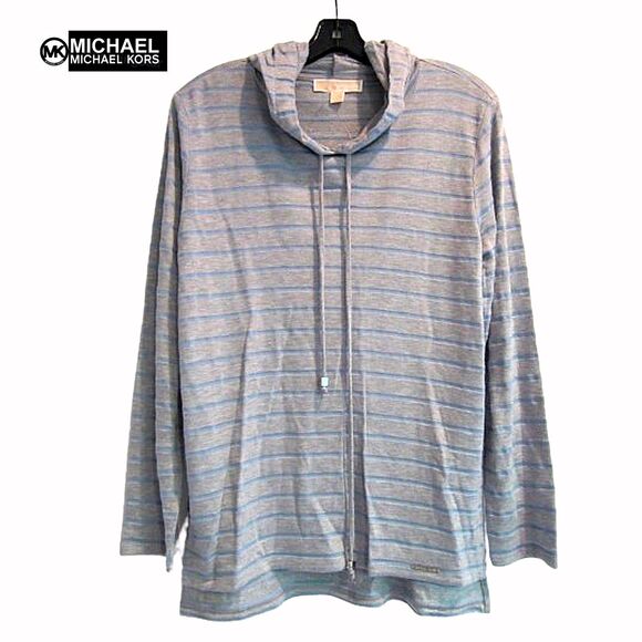 MICHAEL Michael Kors NEW Skater CHAMBRAY BLUE Stripe Drawstring Hoodie L - Picture 1 of 12